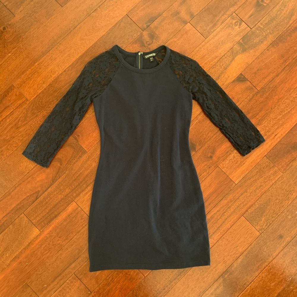 EXPRESS Navy Blue Lace Sleeve T-Shirt Dress - Picture 4 of 12